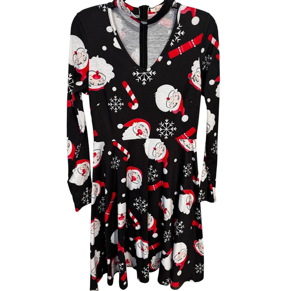 Christmas swing dress choker V-neck Santa Claus, candy, canes, snowflake pattern